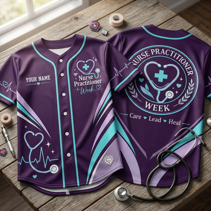 Custom Nurse Practitioner Week Baseball Jersey - Purple Care Lead Heal Shirt - mockup 2