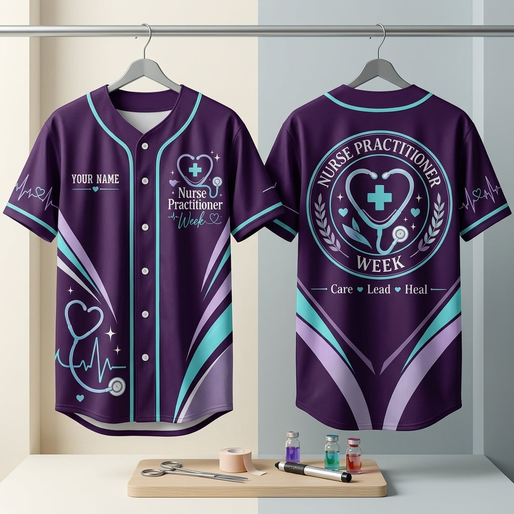 Custom Nurse Practitioner Week Baseball Jersey - Purple Care Lead Heal Shirt - mockup 3