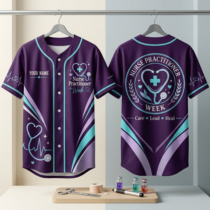 Custom Nurse Practitioner Week Baseball Jersey - Purple Care Lead Heal Shirt - mockup 3