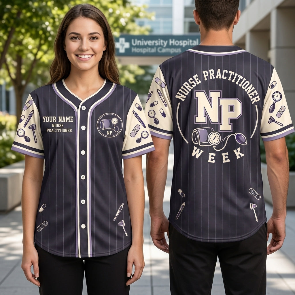Custom Nurse Practitioner Pinstripe Baseball Jersey – Personalized NP Week Gift - mockup 1