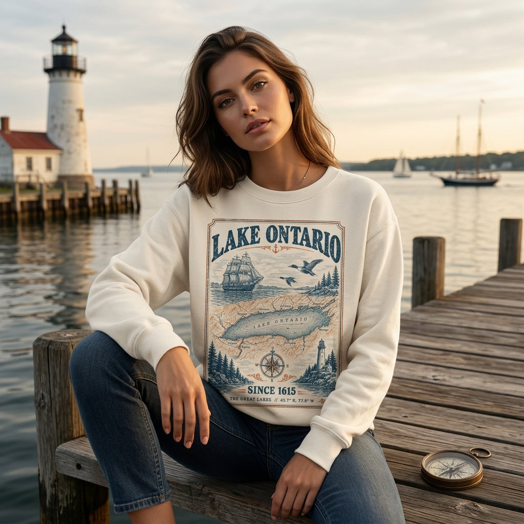 Lake Ontario Vintage Nautical Map T-shirt Sweatshirt Hoodie – Great Lakes Gift - mockup 2