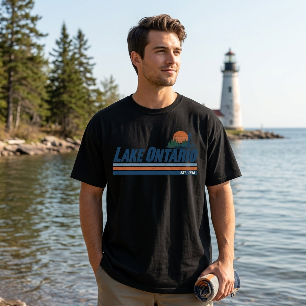 Lake Ontario Vintage Lighthouse Graphic T-shirt Sweatshirt Hoodie - Retro Great Lakes Gift - mockup 1