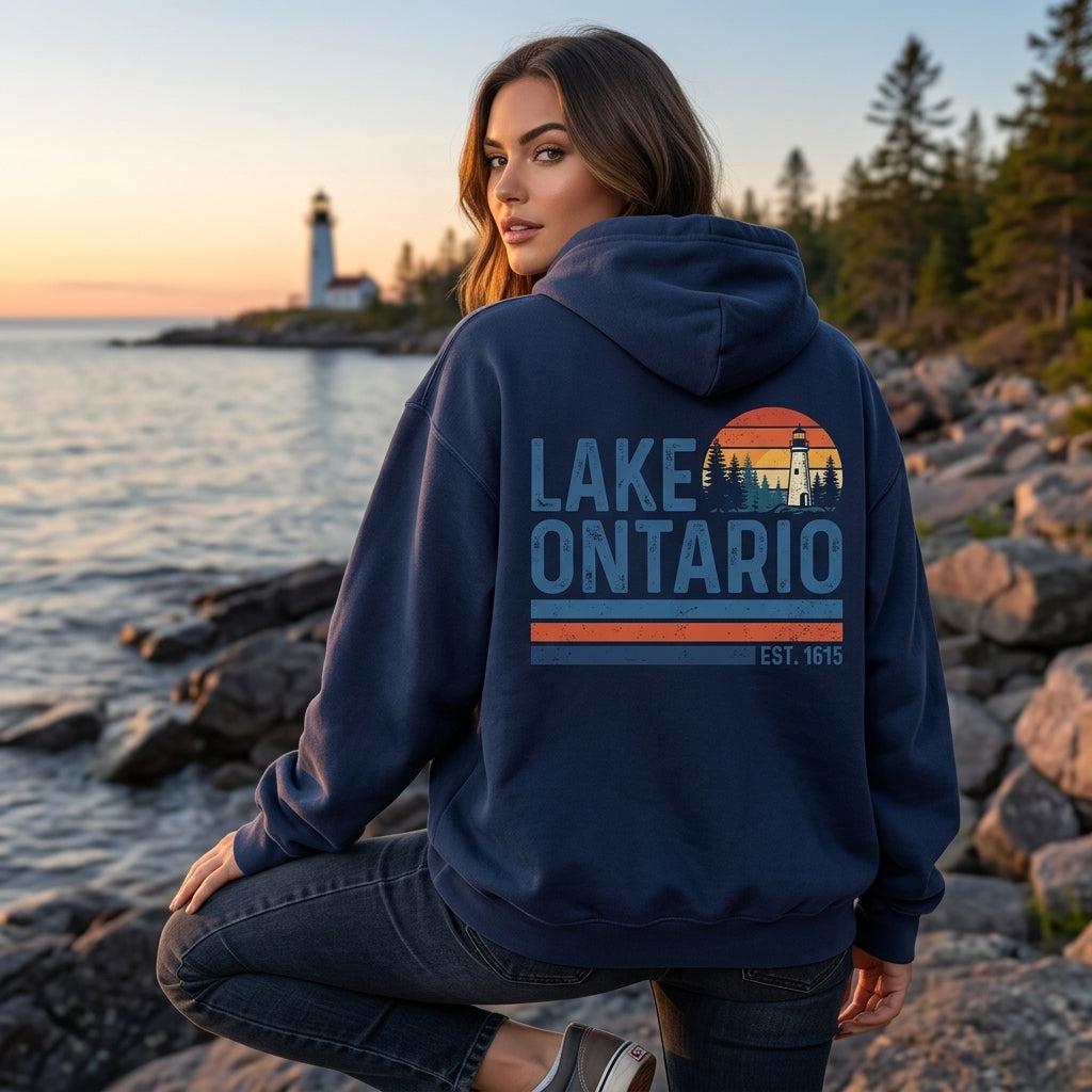 Lake Ontario Vintage Lighthouse Graphic T-shirt Sweatshirt Hoodie - Retro Great Lakes Gift - mockup 4