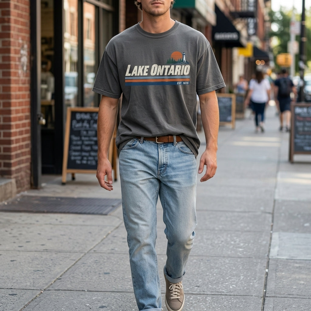 Lake Ontario Vintage Lighthouse Graphic T-shirt Sweatshirt Hoodie - Retro Great Lakes Gift - mockup 5