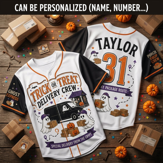 Personalized Trick or Treat Delivery Crew Halloween Baseball Jersey - Custom Name Ghost Express Spooky Shirt