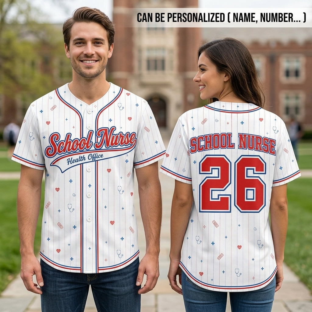 Personalized School Nurse Health Office Baseball Jersey, Custom Name Number Jersey Shirt