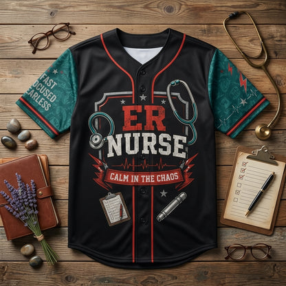 Personalized ER Nurse Baseball Jersey - Custom Name Emergency Care Crew Uniform Gift - Calm In The Chaos