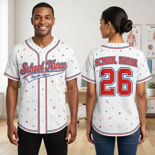 Personalized School Nurse Health Office Baseball Jersey, Custom Name Number Jersey Shirt