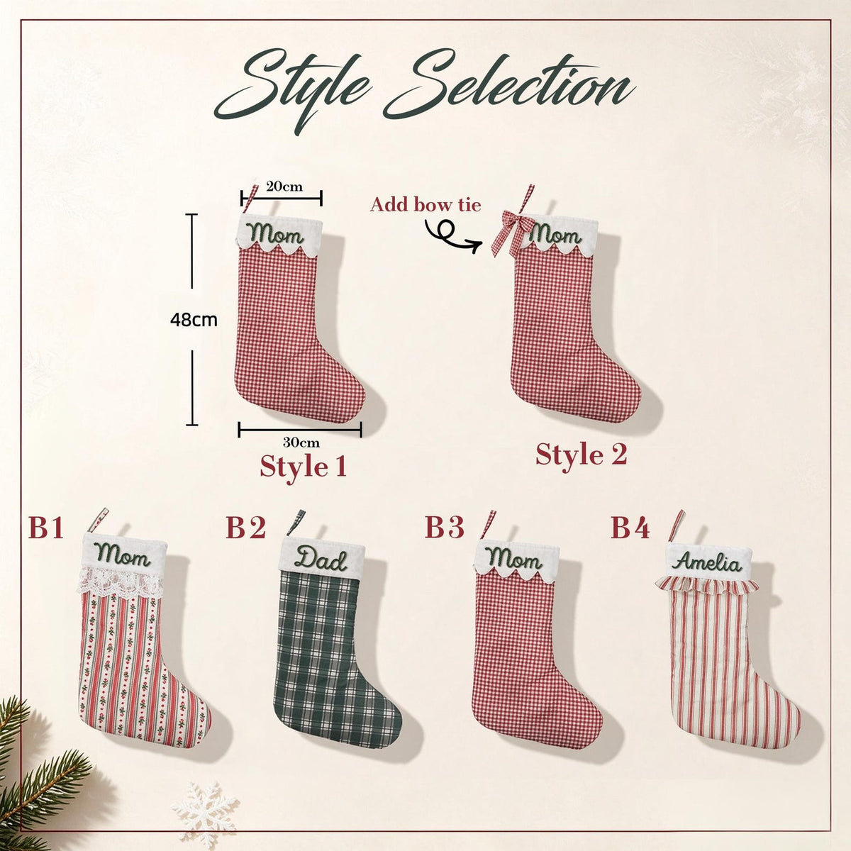 May include: A collection of Christmas stockings labeled Style Selection, featuring various patterns including red gingham, plaid, and stripes. Dimensions are shown as 20cm by 48cm by 30cm. Styles include options with lace trim, bow ties, and embroidered names.