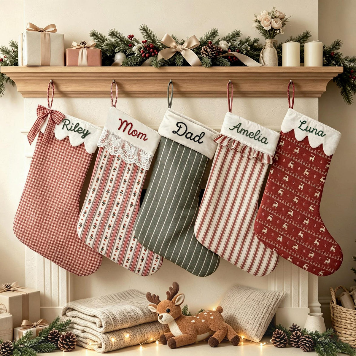 May include: Five hanging Christmas stockings with personalized names Riley, Mom, Dad, Amelia, and Luna. The stockings feature various patterns including red gingham, striped, and reindeer prints, with decorative lace and ruffled trim details.