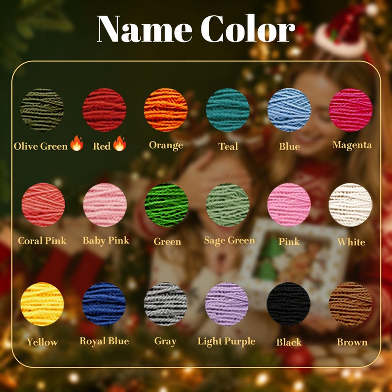 May include: A color chart displaying eighteen circular yarn samples labeled with their respective names: Olive Green, Red, Orange, Teal, Blue, Magenta, Coral Pink, Baby Pink, Green, Sage Green, Pink, White, Yellow, Royal Blue, Gray, Light Purple, Black, and Brown.