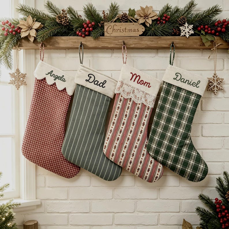 May include: Four personalized Christmas stockings hanging from a wooden shelf. The first is red gingham with 'Angela' embroidered. The second is grey striped with 'Dad'. The third is red striped with lace and 'Mom'. The fourth is green plaid with 'Daniel'.