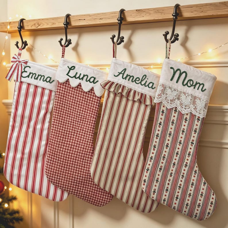 May include: Four Christmas stockings hanging from black metal hooks. The first is red and white striped with a bow and the name Emma. The second is red and white gingham with the name Luna. The third is striped with a ruffle and the name Amelia. The fourth is floral with lace and the name Mom.