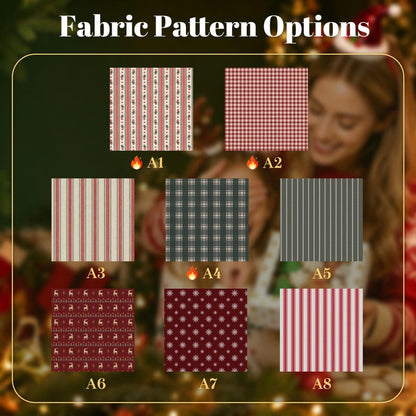 May include: A grid of eight fabric pattern swatches labeled A1 through A8 under the heading Fabric Pattern Options. Patterns include red and white stripes, red and white gingham, dark plaid, grey stripes, and red prints with reindeer or snowflakes.