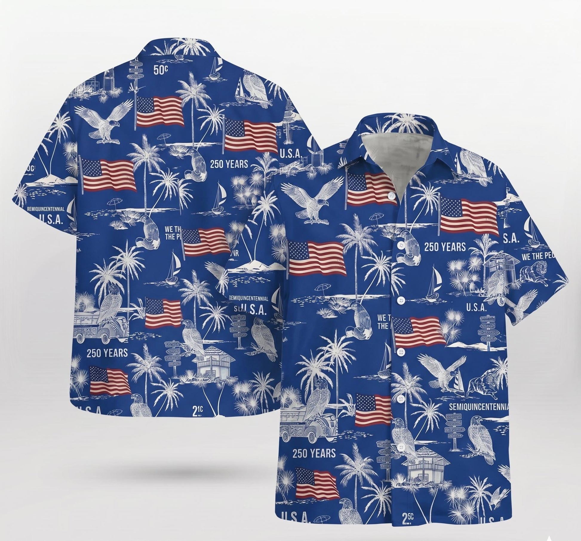 USA Semi-Quincentennial Hawaiian Shirt - 250th Anniversary - Patriotic Bald Eagles and American Flags