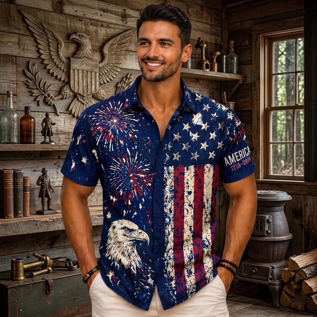 4th of July Hawaiian Shirt Men Patriotic American Flag Shirt Fireworks Eagle Shirt Independence Day Outfit Summer Beach Shirt USA 1776 2026