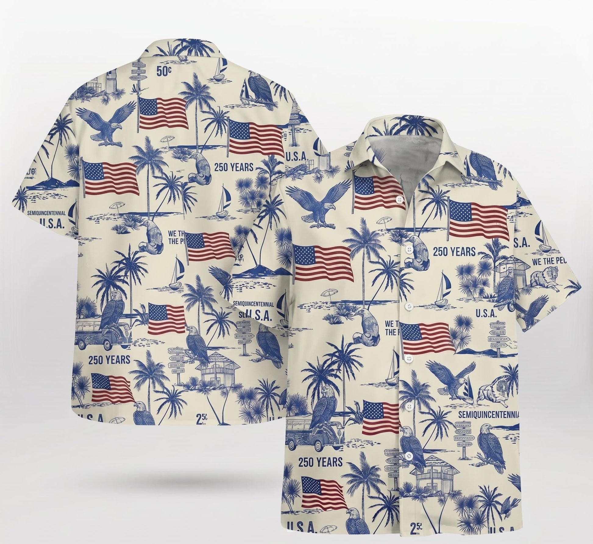 USA Semi-Quincentennial Hawaiian Shirt - 250th Anniversary - Patriotic Bald Eagles and American Flags