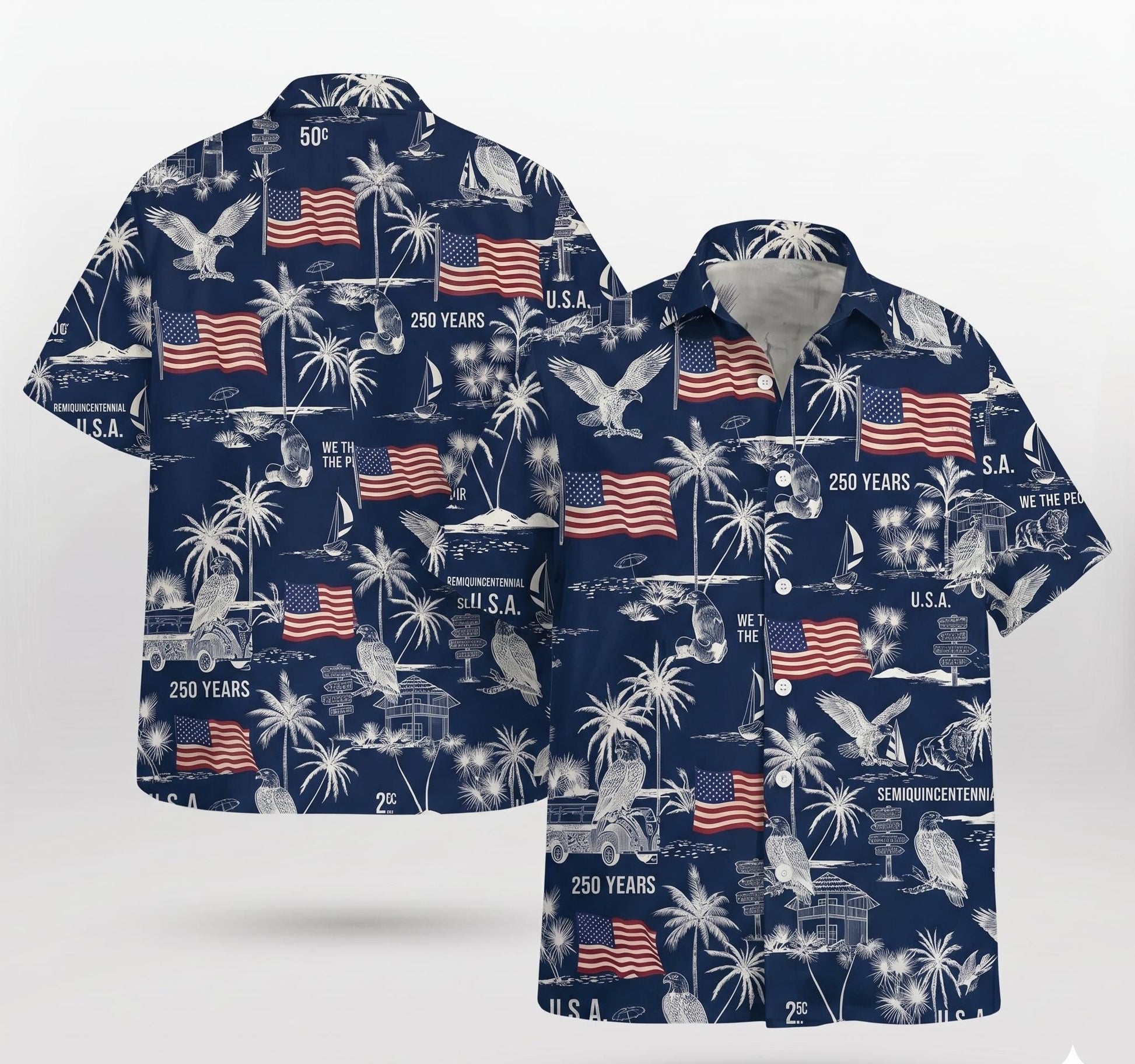 USA Semi-Quincentennial Hawaiian Shirt - 250th Anniversary - Patriotic Bald Eagles and American Flags