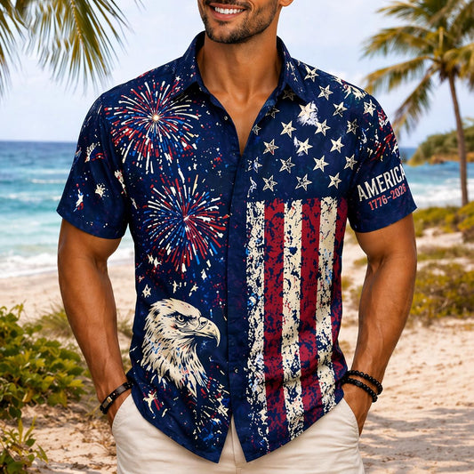 4th of July Hawaiian Shirt Men Patriotic American Flag Shirt Fireworks Eagle Shirt Independence Day Outfit Summer Beach Shirt USA 1776 2026