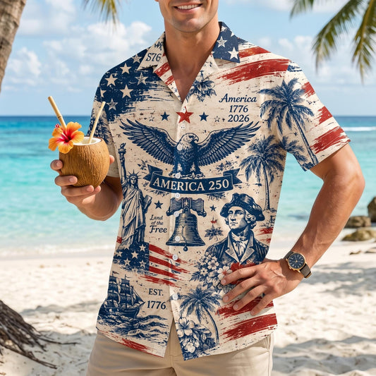 America 250 Hawaiian Shirt 1776-2026, Patriotic Button Down Shirt, Vintage USA Independence Day Shirt