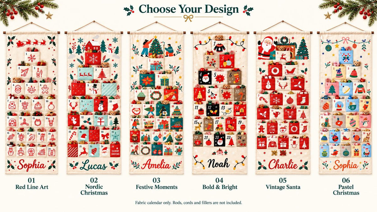 May include: Six vertical fabric advent calendars with hanging rods and cords. Each calendar features a unique holiday-themed design arranged in a tree shape with numbered pockets. Names like Sophia, Lucas, Amelia, Noah, and Charlie are printed at the bottom.