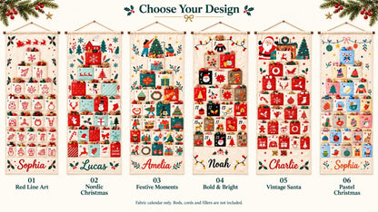 May include: Six vertical fabric advent calendars with hanging rods and cords. Each calendar features a unique holiday-themed design arranged in a tree shape with numbered pockets. Names like Sophia, Lucas, Amelia, Noah, and Charlie are printed at the bottom.