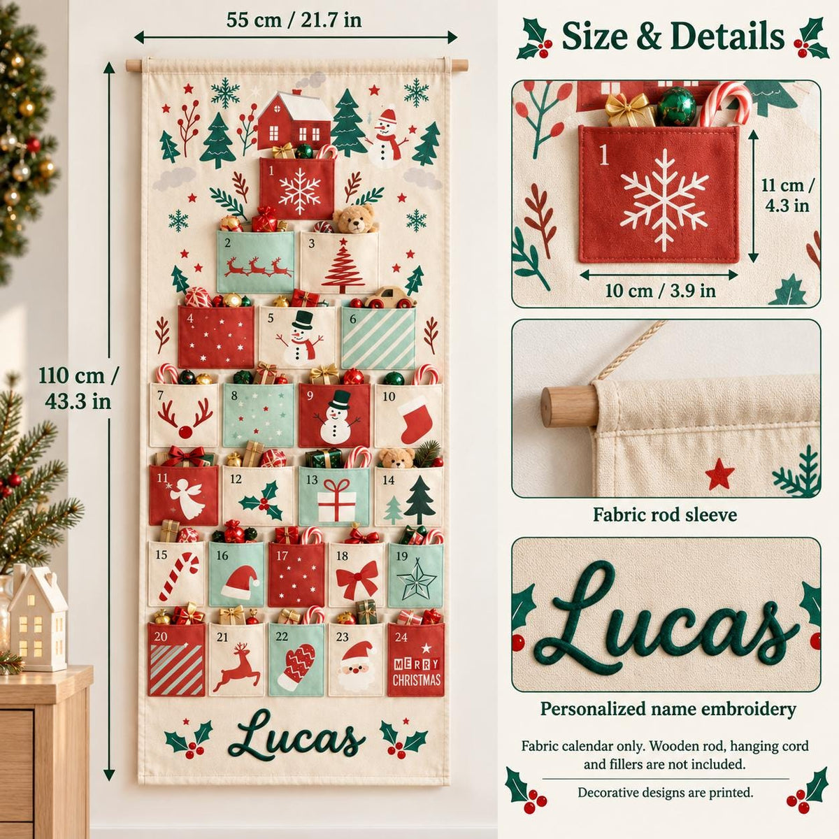May include: A fabric Christmas advent calendar with 24 numbered pockets, featuring festive prints like snowmen, trees, and reindeer. It measures 43.3 inches by 21.7 inches, with individual pockets at 4.3 inches by 3.9 inches, and includes the name Lucas.