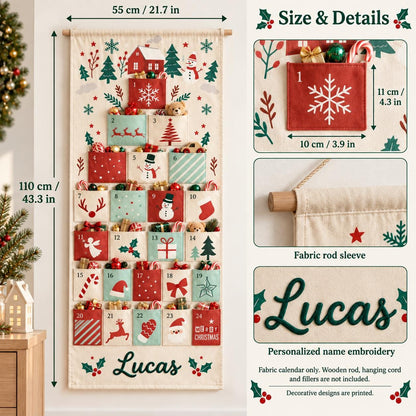 May include: A fabric Christmas advent calendar with 24 numbered pockets, featuring festive prints like snowmen, trees, and reindeer. It measures 43.3 inches by 21.7 inches, with individual pockets at 4.3 inches by 3.9 inches, and includes the name Lucas.