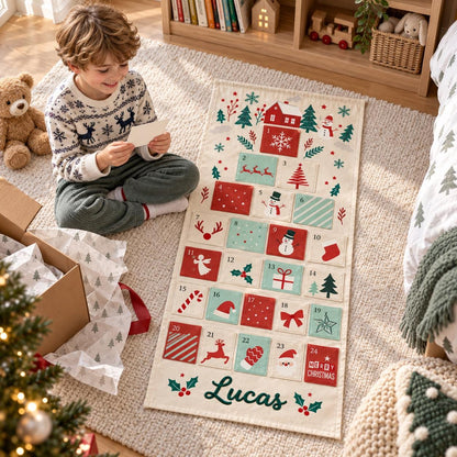 May include: A rectangular fabric advent calendar with twenty-four numbered pockets featuring red, green, and white holiday illustrations including snowmen, trees, and reindeer. The name Lucas is embroidered in green at the bottom of the calendar.