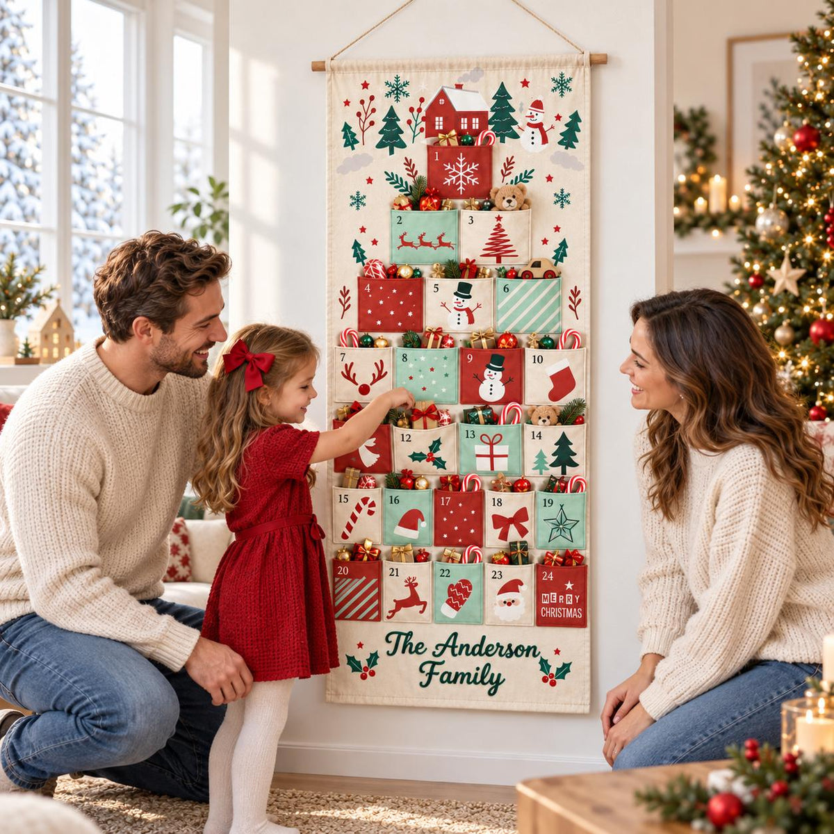 May include: A fabric Christmas advent calendar hanging on a wall, featuring twenty-four numbered pockets with festive holiday illustrations, including snowmen, trees, and reindeer, with the text The Anderson Family printed at the bottom.