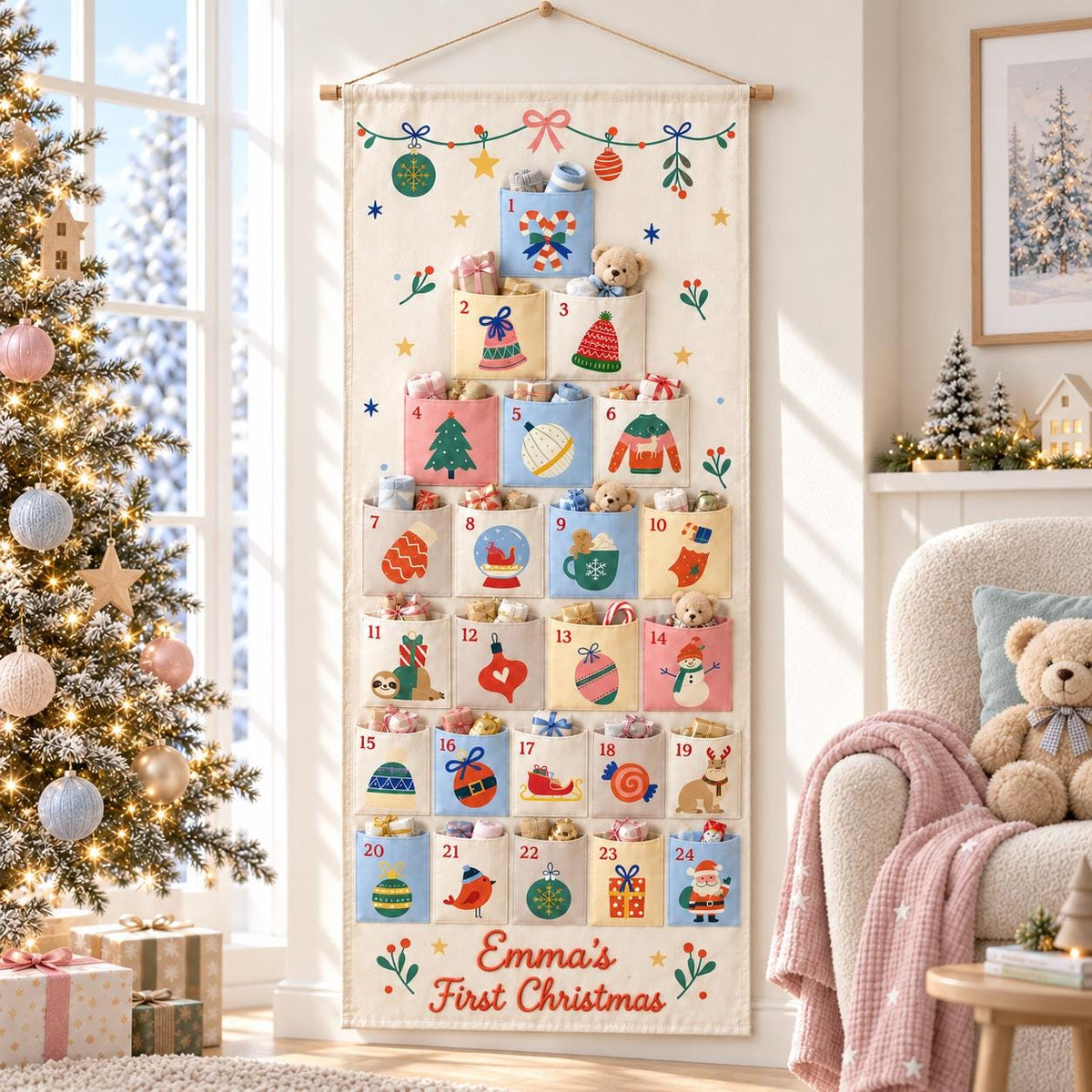 May include: A hanging fabric advent calendar with twenty-four numbered pockets arranged in a tree shape. The cream-colored canvas features colorful holiday illustrations on each pocket and the text Emma's First Christmas at the bottom.