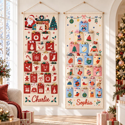May include: Two vertical fabric advent calendars hanging side by side. The left calendar features red pockets numbered 1-24 with Christmas icons and the name Charlie. The right calendar features multi-colored pockets with festive designs and the name Sophia.