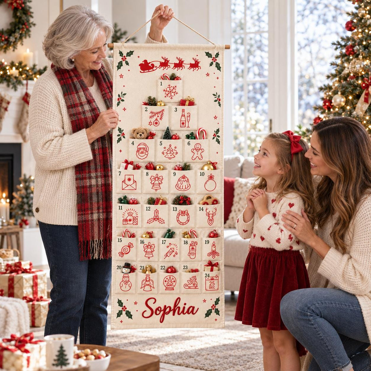 May include: A rectangular cream-colored fabric advent calendar hanging from a wooden rod. It features twenty-four numbered pockets arranged in a tree shape, decorated with red holiday icons and the name Sophia printed in red script at the bottom.