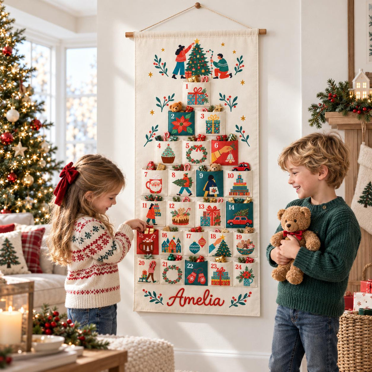 May include: A vertical fabric advent calendar hanging on a wall, featuring twenty-four numbered pockets arranged in a tree shape. Each pocket displays colorful holiday illustrations, and the name Amelia is embroidered in red at the bottom.