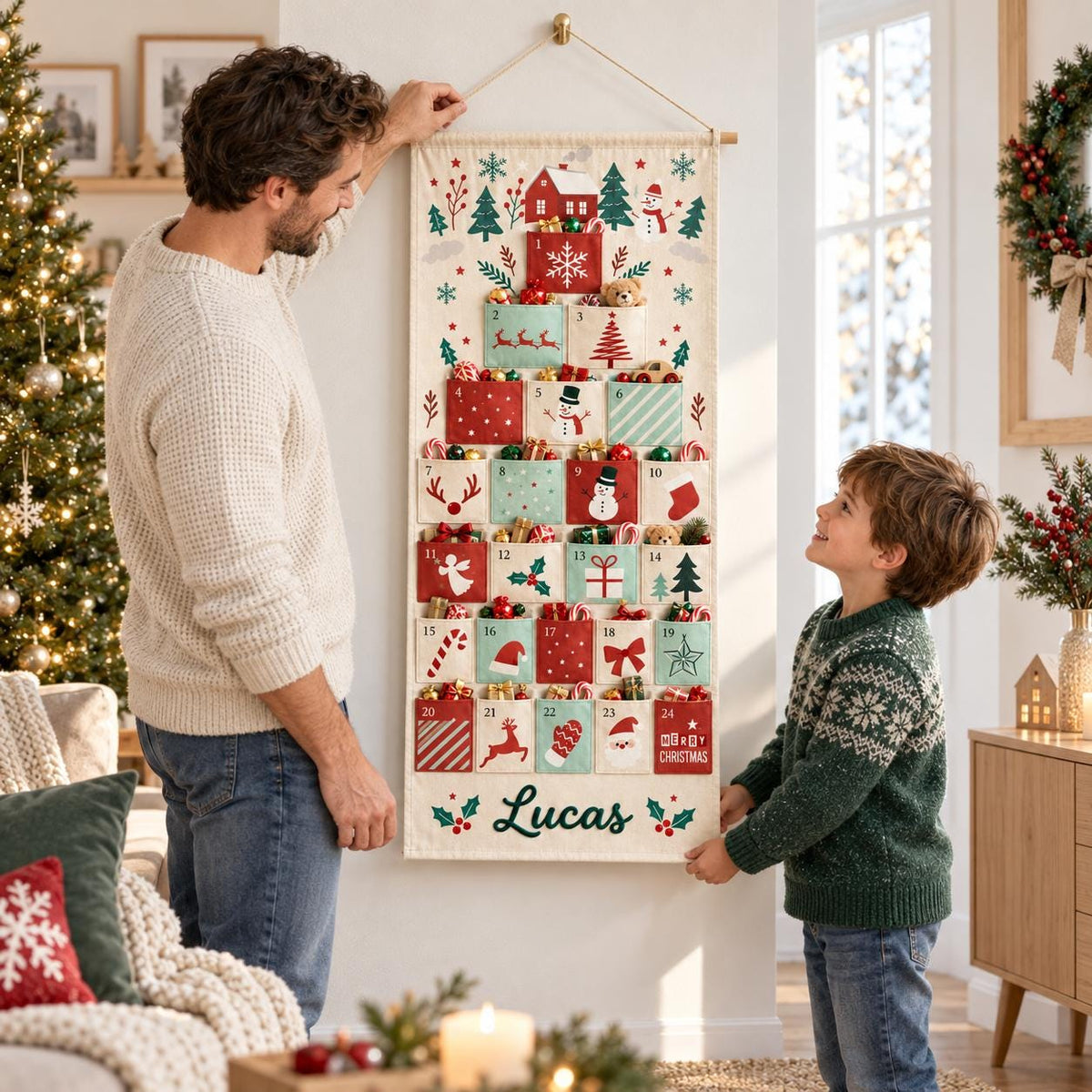 May include: A vertical fabric wall hanging advent calendar with twenty-four numbered pockets arranged in a tree shape. The cream-colored textile features festive red, green, and white holiday illustrations and the personalized name Lucas at the bottom.
