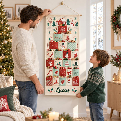 May include: A vertical fabric wall hanging advent calendar with twenty-four numbered pockets arranged in a tree shape. The cream-colored textile features festive red, green, and white holiday illustrations and the personalized name Lucas at the bottom.
