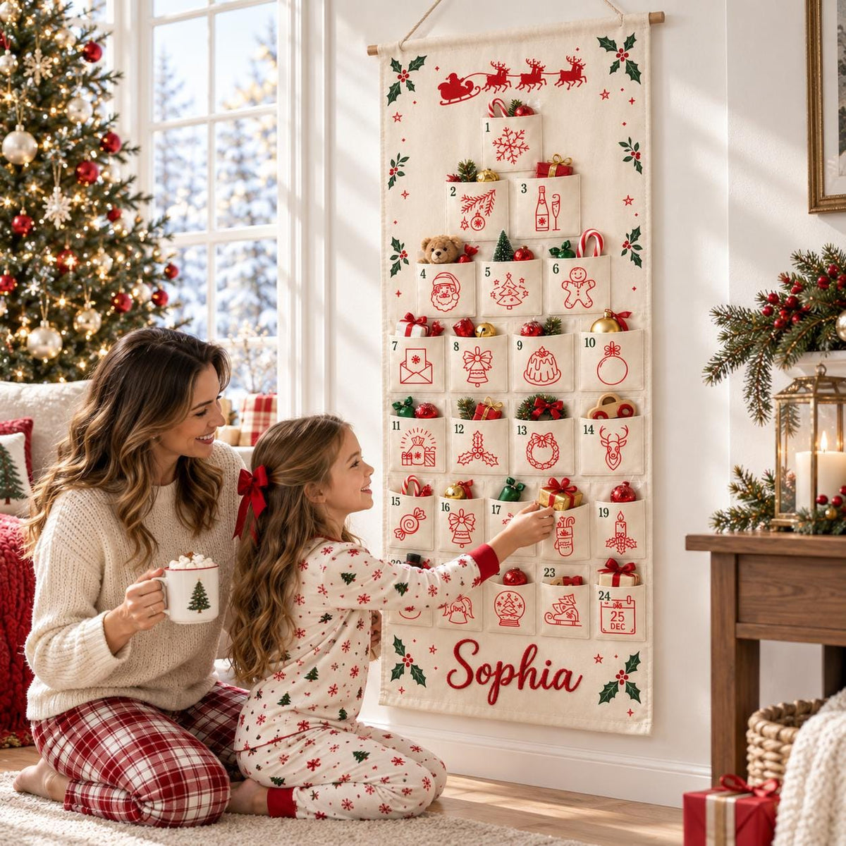 May include: A cream-colored fabric advent calendar hanging on a wall, featuring twenty-four numbered pockets with red holiday-themed illustrations. The name Sophia is embroidered in red at the bottom, and the calendar includes a top rod and string.