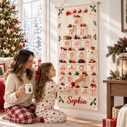 May include: A cream-colored fabric advent calendar hanging on a wall, featuring twenty-four numbered pockets with red holiday-themed illustrations. The name Sophia is embroidered in red at the bottom, and the calendar includes a top rod and string.