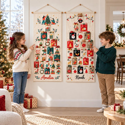 May include: Two off-white fabric wall-hanging advent calendars with wooden dowels and hanging cords. Each calendar features twenty-four numbered pockets decorated with colorful Christmas illustrations and the names Amelia and Noah in script.
