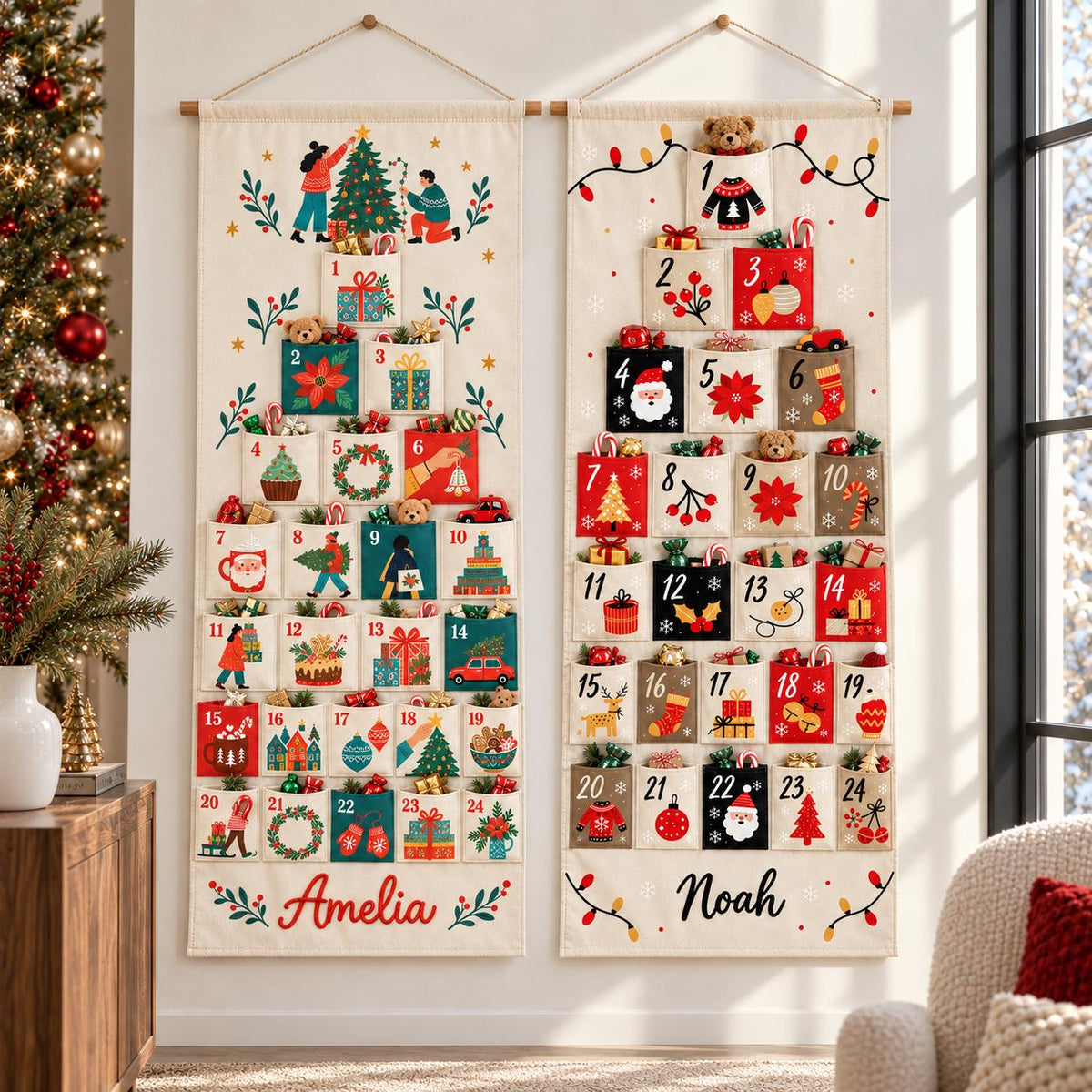 May include: Two vertical fabric advent calendars hanging side by side, each featuring twenty-four numbered pockets with colorful Christmas-themed illustrations. The left calendar is personalized with the name Amelia, and the right with Noah.