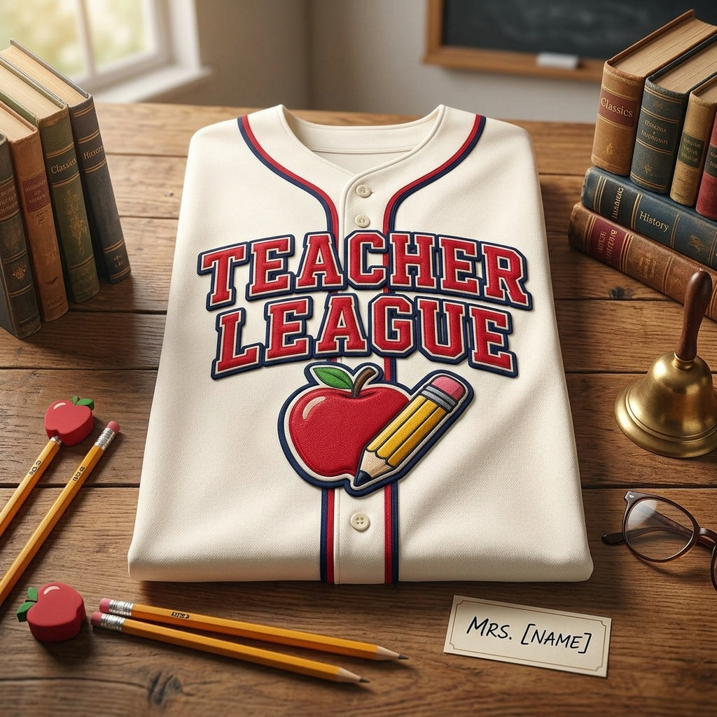 Teacher League baseball jersey front flatlay classroom mockup