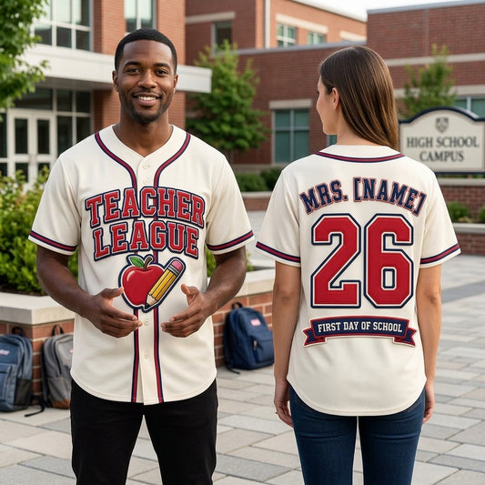 Teacher League baseball jersey lifestyle front and back school campus mockup