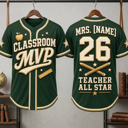 Personalized Classroom MVP Teacher Baseball Jersey, Custom Name Teacher All Star Jersey