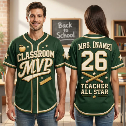 Personalized Classroom MVP Teacher Baseball Jersey, Custom Name Teacher All Star Jersey