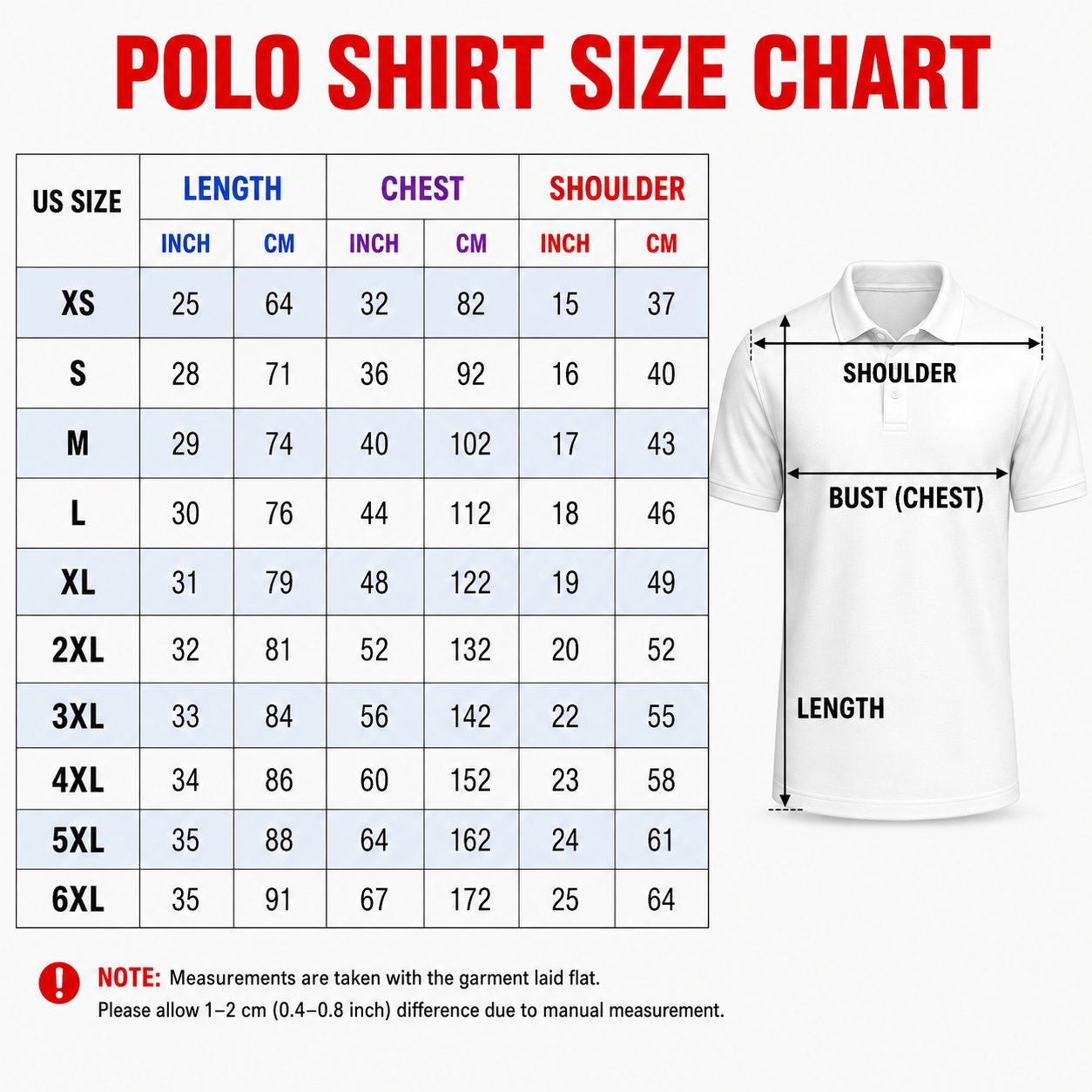 Polo Shirt Size Chart