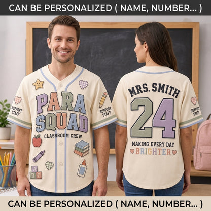 Personalized Para Squad Baseball Jersey - Custom Name & Number Teacher Classroom Crew Shirt - School Support Staff Gift