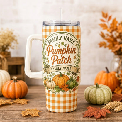 Personalized Pumpkin Patch Crew 40oz Tumbler with Handle - Custom Family Name Autumn Gingham Travel Mug