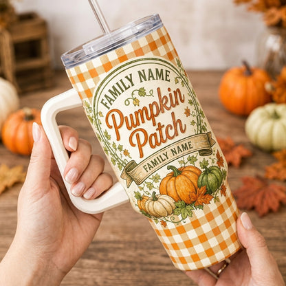 Personalized Pumpkin Patch Crew 40oz Tumbler with Handle - Custom Family Name Autumn Gingham Travel Mug