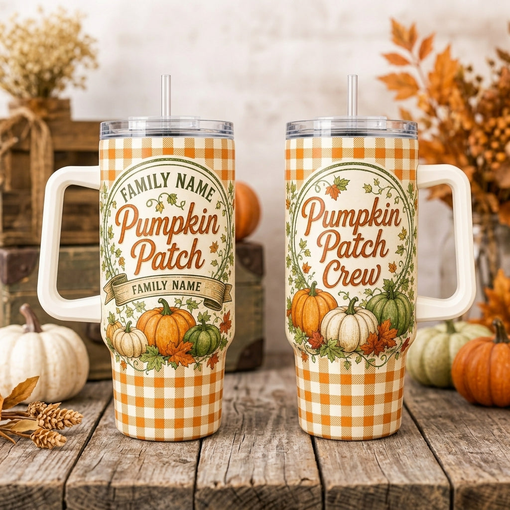 Personalized Pumpkin Patch Crew 40oz Tumbler with Handle - Custom Family Name Autumn Gingham Travel Mug