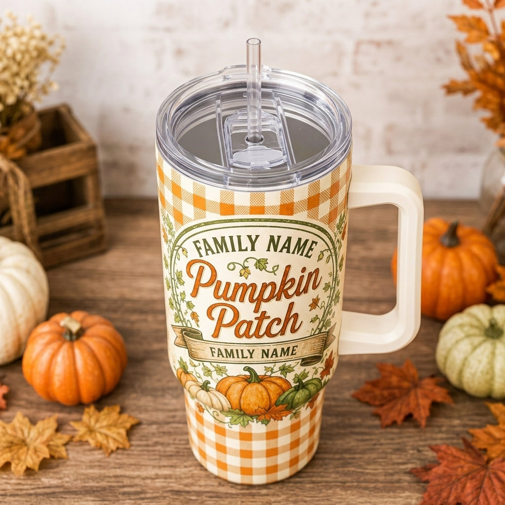 Personalized Pumpkin Patch Crew 40oz Tumbler with Handle - Custom Family Name Autumn Gingham Travel Mug